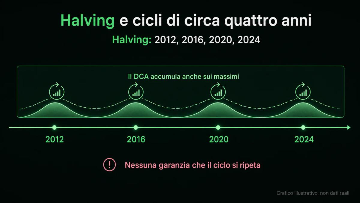 La cadenza degli halving di Bitcoin e il limite del DCA, che accumula anche nelle fasi di massimo del ciclo