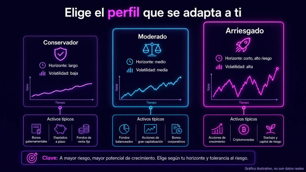 Tres perfiles de inversor: conservador, moderado y arriesgado con sus características de riesgo y rentabilidad