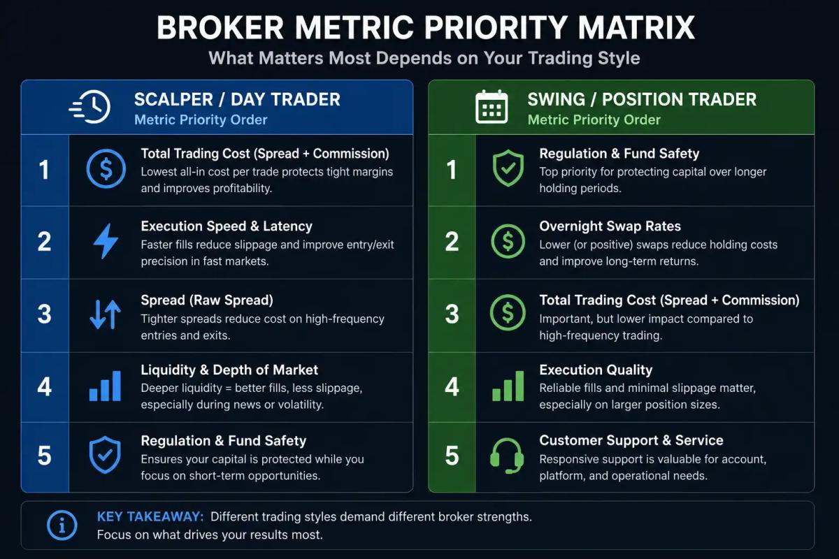 Forex broker metric priority matrix for scalpers versus swing traders showing ranked comparison criteria