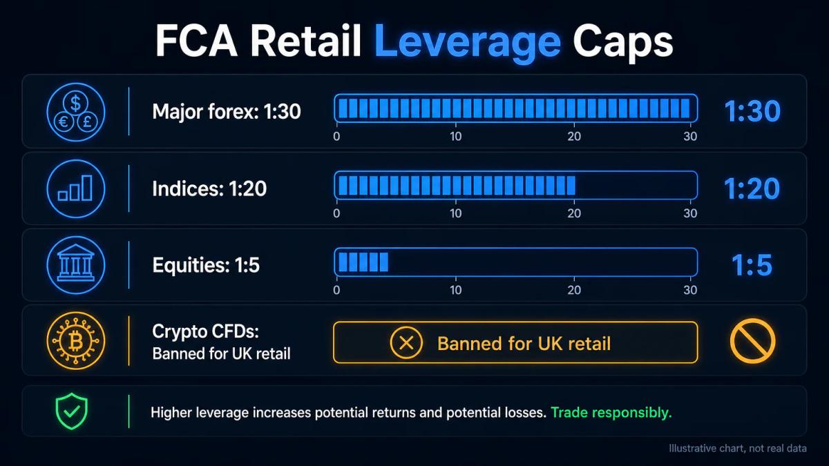 Table comparing FCA leverage caps across asset classes: forex 1:30, indices 1:20, equities 1:5, crypto banned