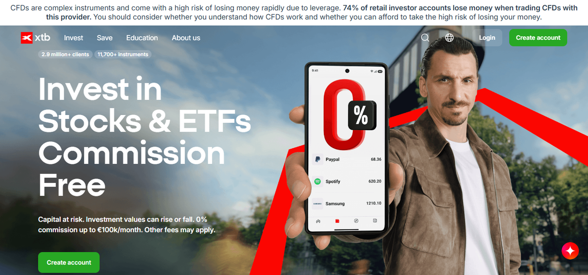 XTB UK homepage highlighting FCA regulation, key features and the risk warning footer
