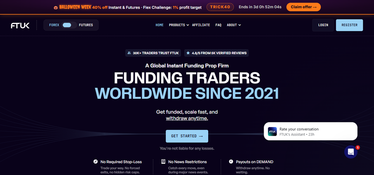 Hero del sitio de FTUK con CTA para iniciar el Flex Challenge y beneficios clave