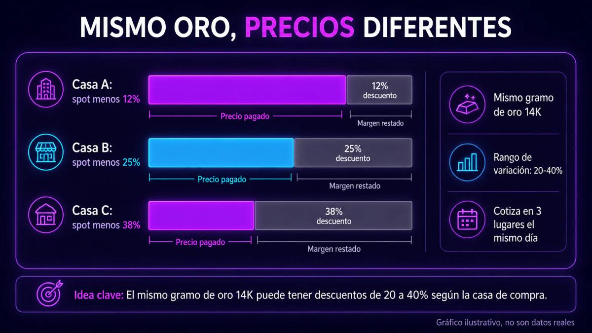 Gráfico de barras horizontales mostrando tres casas de compra con márgenes distintos sobre el precio spot del mismo gramo de 