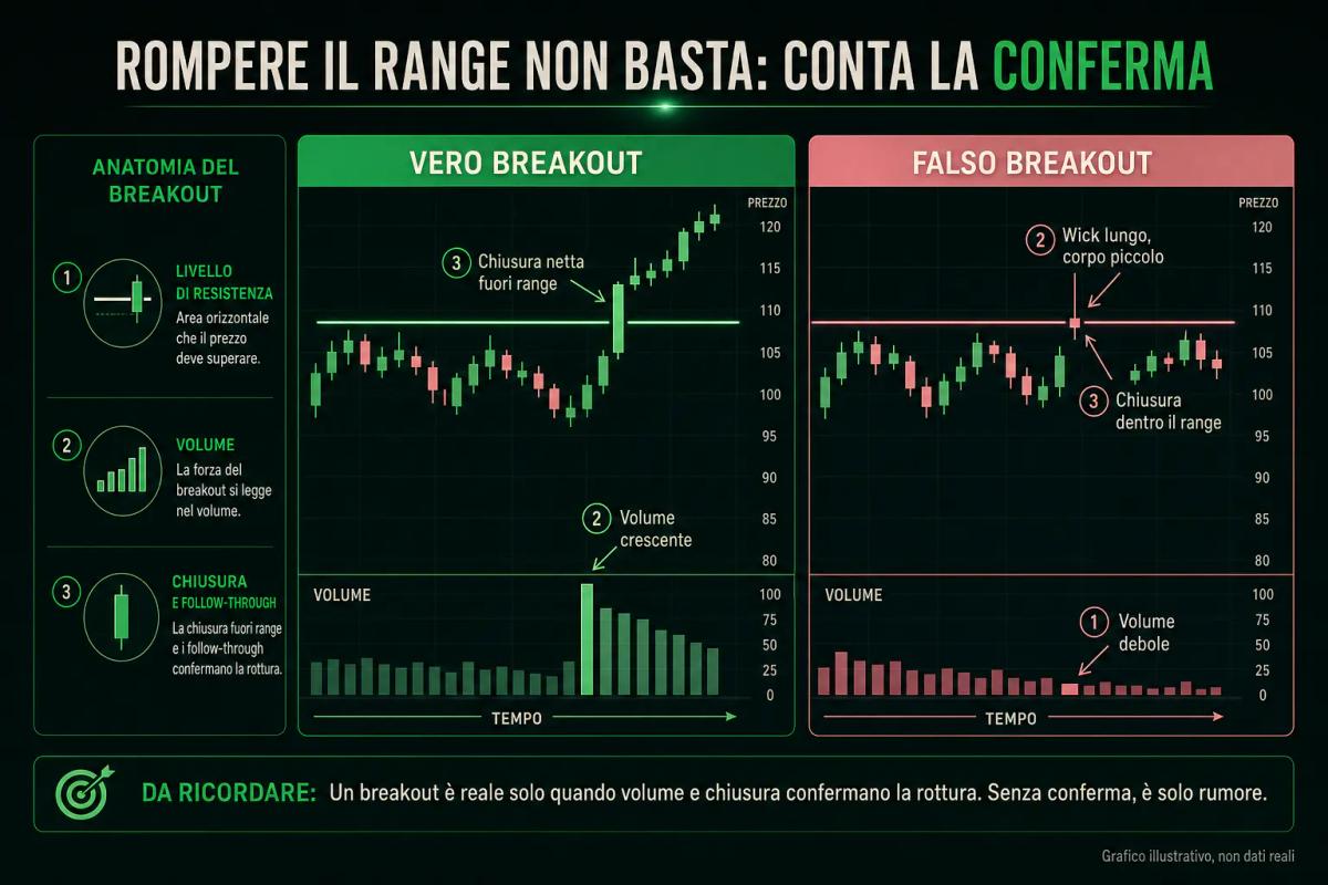 Confronto tra vero breakout con volume crescente e falso breakout con volume debole