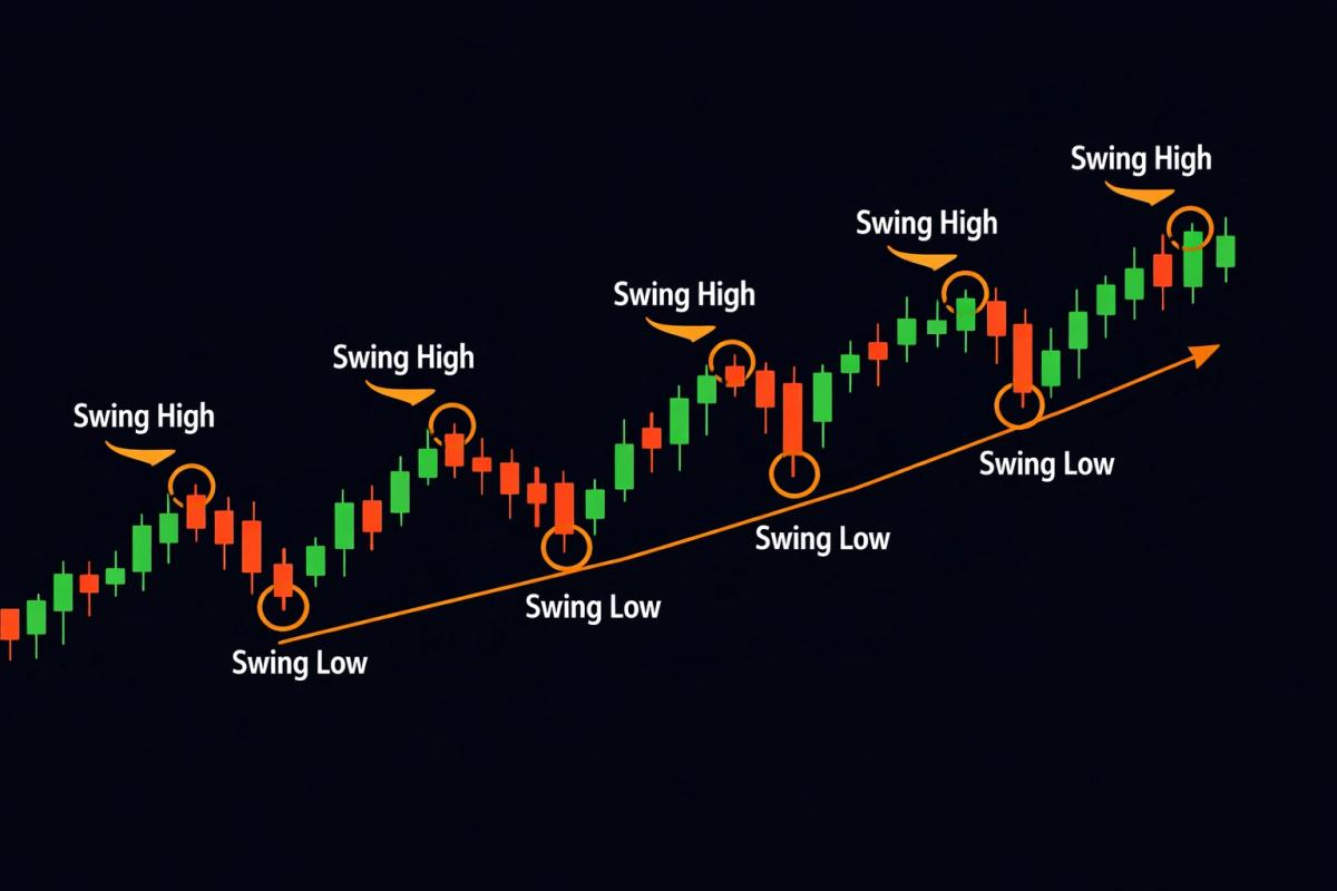 Daily candlestick chart with annotated swing highs and swing lows showing an uptrend pattern