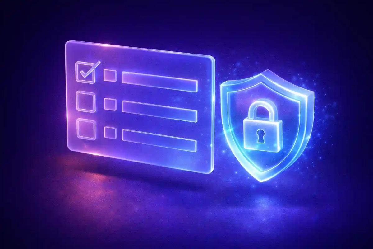 Panel de reglas operativas 3D con escudo que simboliza control y protección del capital