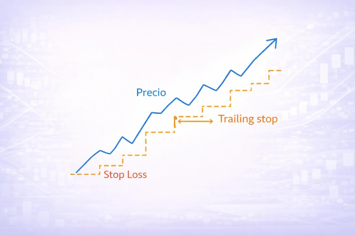 Gráfico de línea de precio ascendente con línea punteada debajo que sube siguiendo al precio, mostrando cómo el trailing stop se mueve hacia arriba conforme el precio sube, con etiquetas "Precio", "Trailing stop" y "Distancia fija"