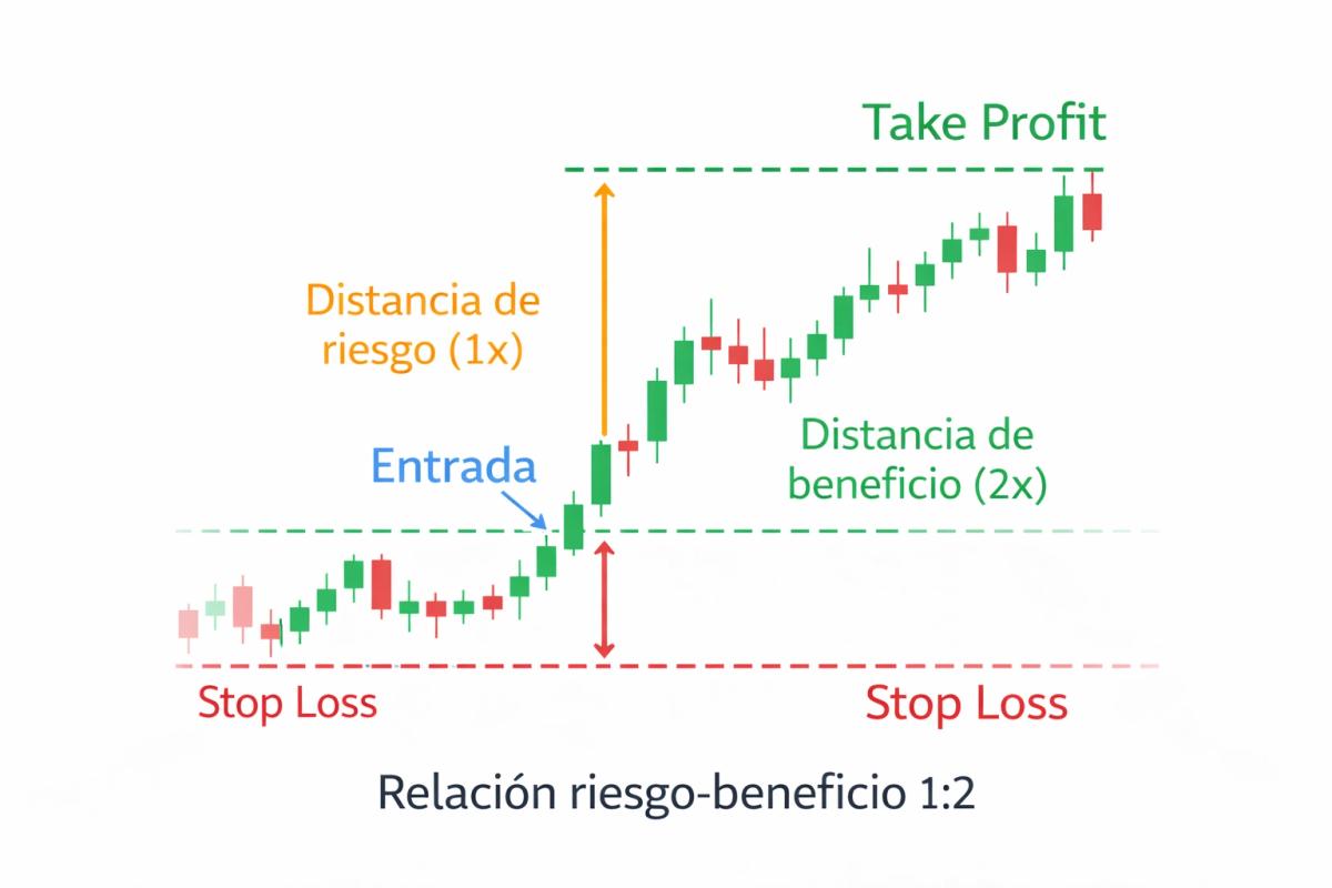 Diagrama de relación riesgo-beneficio 1:2 con niveles de entrada, stop loss y take profit