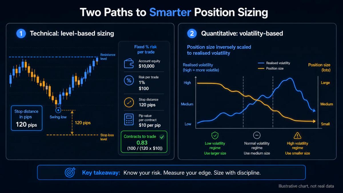 Two side-by-side position sizing methods: left shows chart-based stop loss distance, right shows volatility-scaled position s