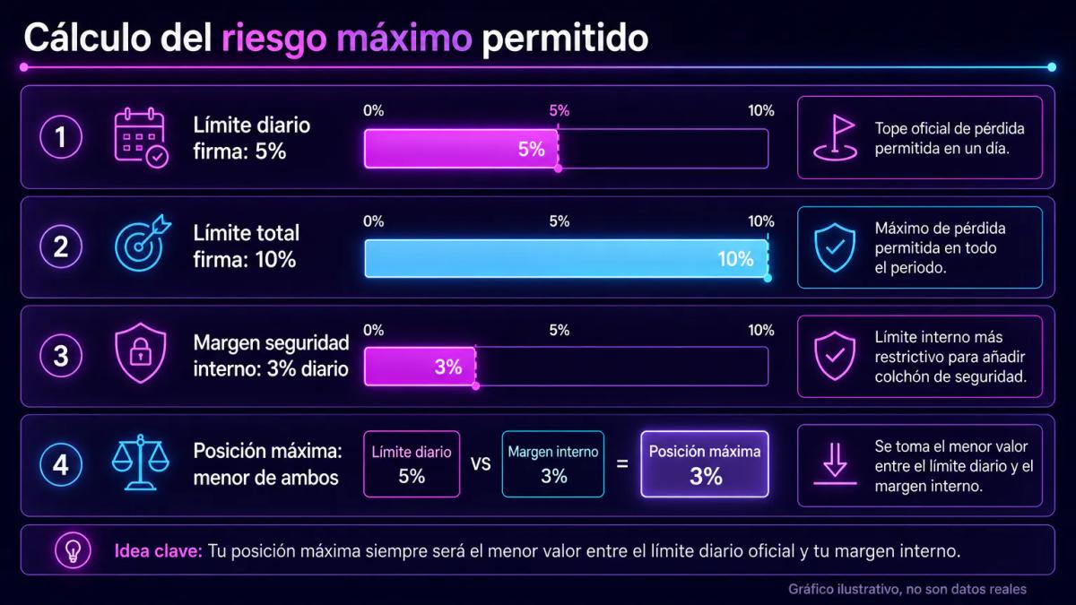 Tabla comparativa mostrando límite diario, límite total, margen disponible y posición máxima permitida