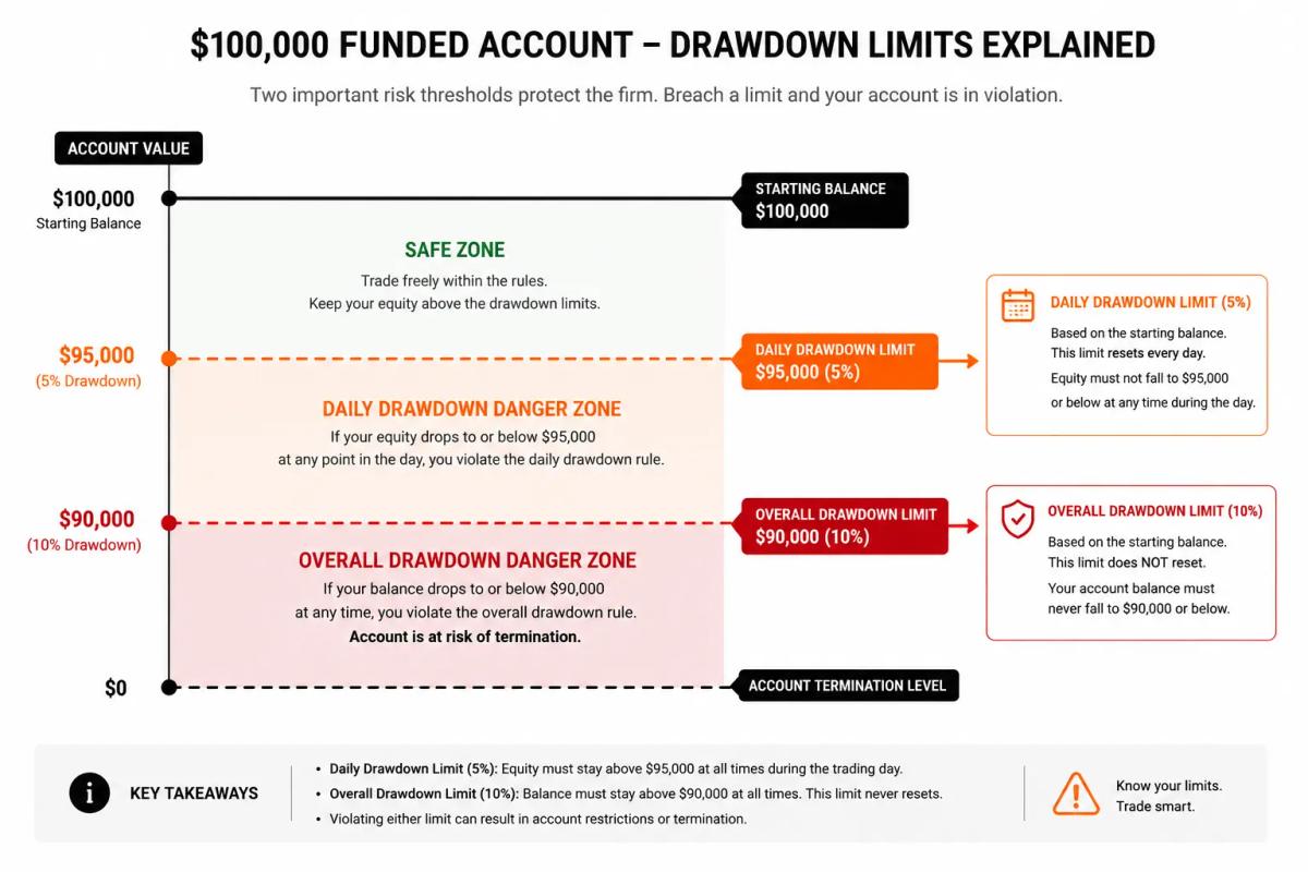 Diagram showing daily and overall drawdown limit thresholds on a 0000 prop firm account