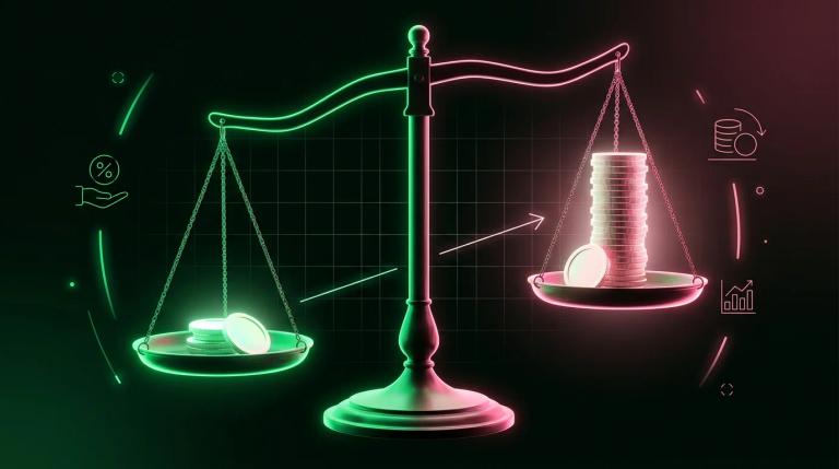 Bilancia con monete su un piatto e un deposito di garanzia sull'altro, simbolo del margine futures come frazione del valore t