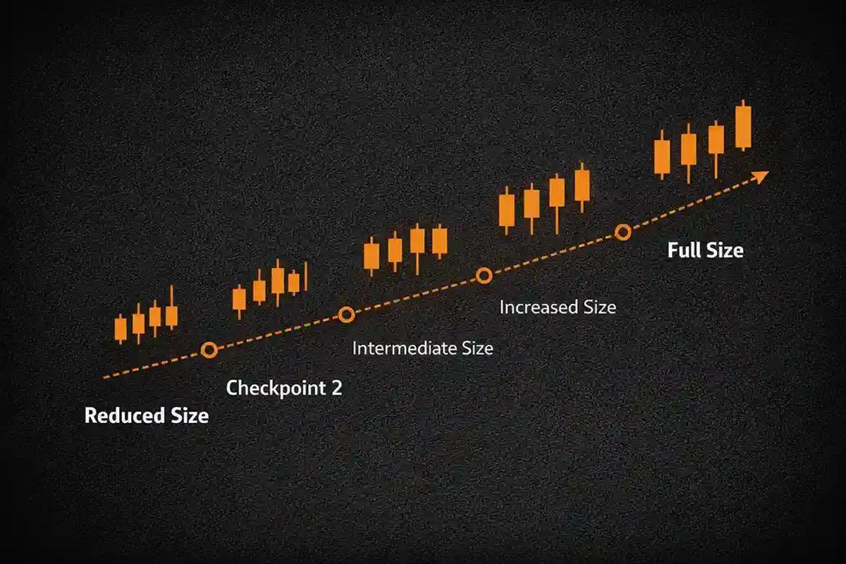 Diagram of gradual trading re-entry from reduced to full position size with checkpoints