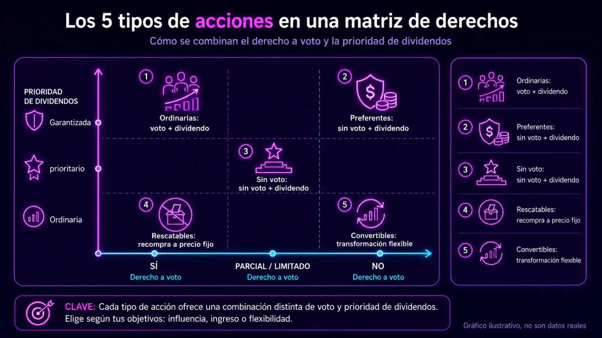 Tabla comparativa de cinco tipos de acciones con columnas de derecho a voto y prioridad de dividendos