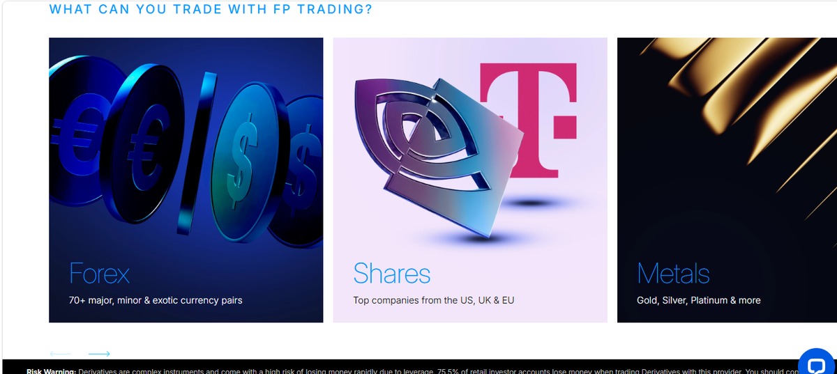 Catálogo de mercados de FP Trading: forex, índices, materias primas, acciones y cripto