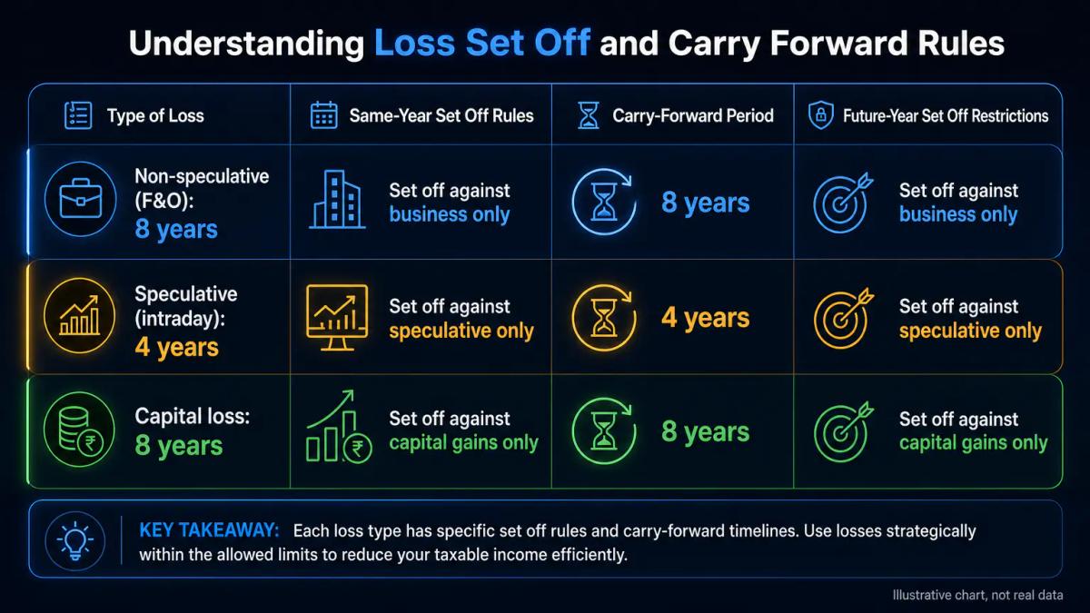 Three-row table comparing non-speculative business losses, speculative business losses, and capital losses by set-off rules a