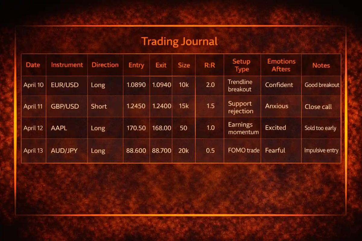 Sample trading journal spreadsheet template with example trade entries filled in