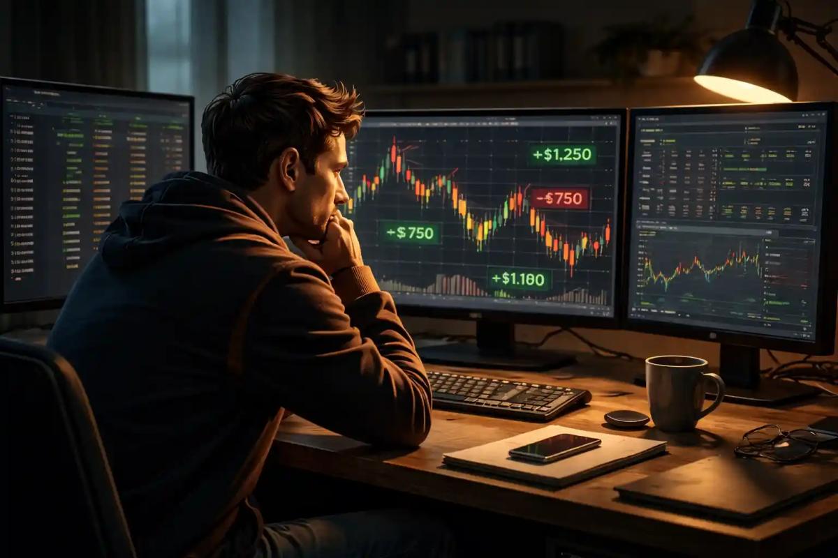 Trader reviewing mixed trading results on multiple screens at a desk