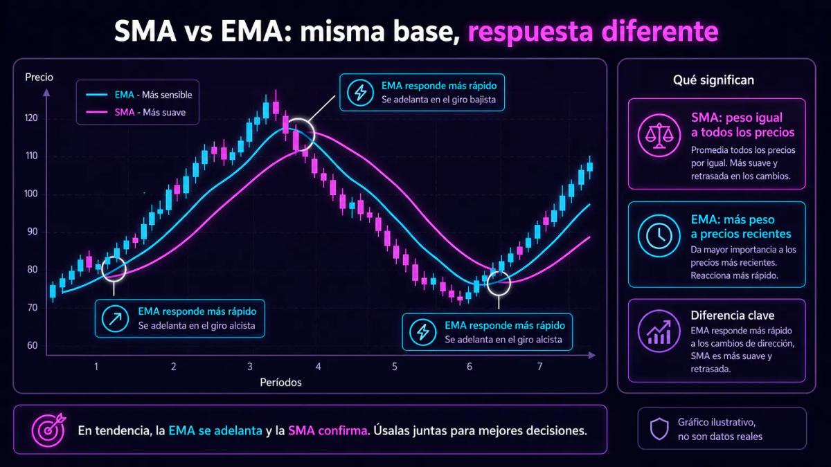 Gráfico comparativo de SMA y EMA sobre el mismo precio, mostrando cómo la EMA responde más rápido a cambios de dirección