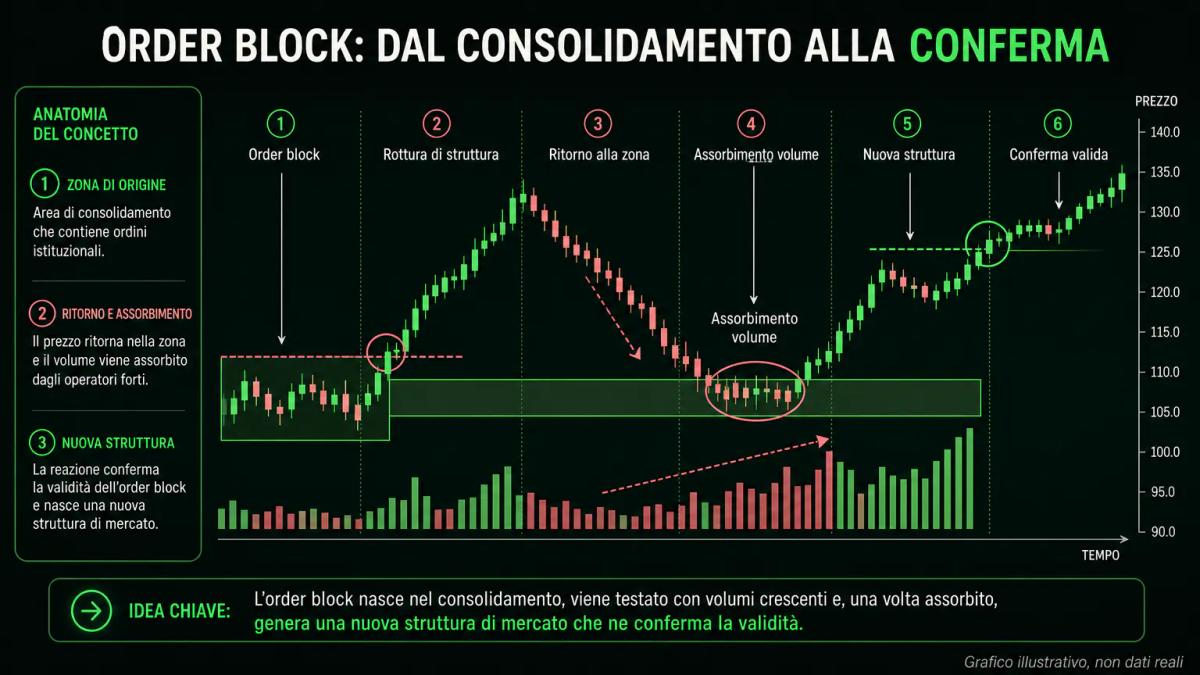 Anatomia di un order block valido con rottura di struttura, assorbimento di volume e conferma di prezzo