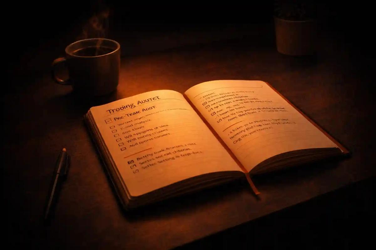 Trading journal open on a desk next to coffee, showing a pre-trade routine and preparation workspace
