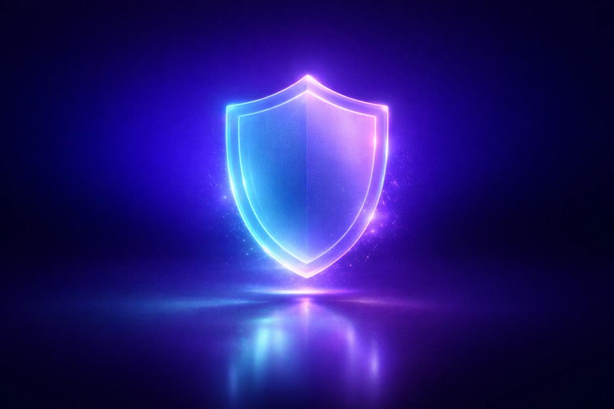 Escudo 3D de cristal esmerilado con resplandor de protección en cian y púrpura sobre superficie reflectante