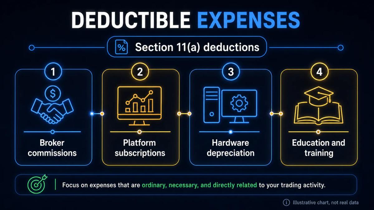 Deductible trading expenses checklist showing broker commissions, platform fees, hardware and education costs