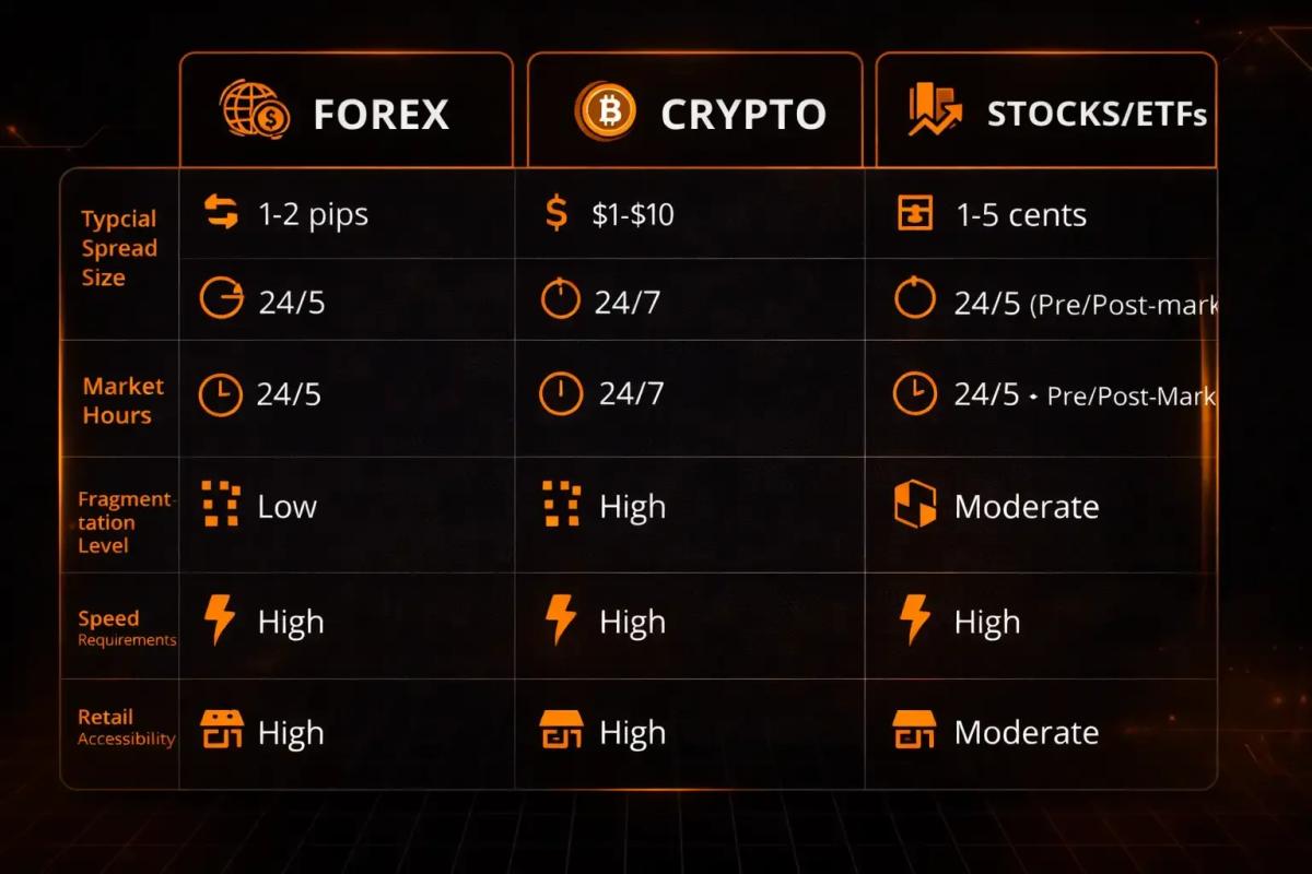Comparison graphic of forex crypto and stock_ETF markets showing arbitrage characteristics including spread size market hours and accessibility