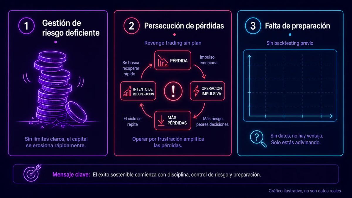 Diagrama de tres pilares que muestran gestión de riesgo deficiente, persecución de pérdidas y falta de preparación como causa
