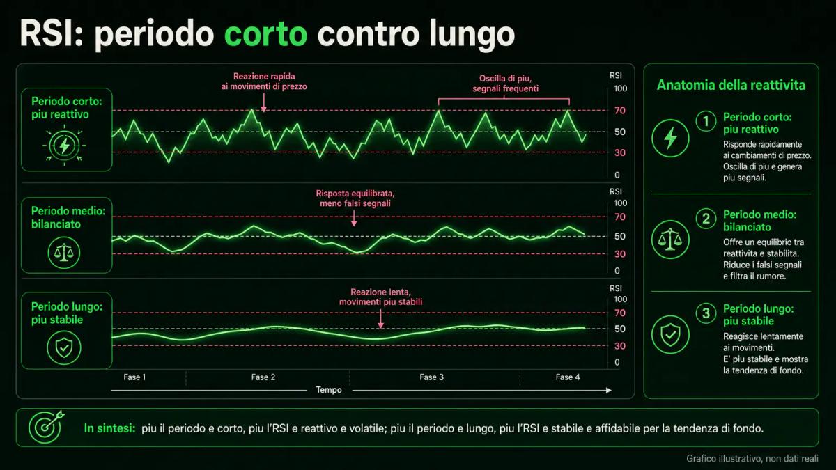 Grafico illustrativo che confronta l'RSI a periodo corto, medio e lungo mostrando reattivita contro stabilita