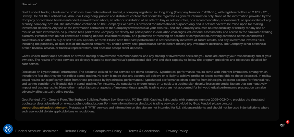 Terms page excerpt stating the firm is not a broker and does not accept client deposits