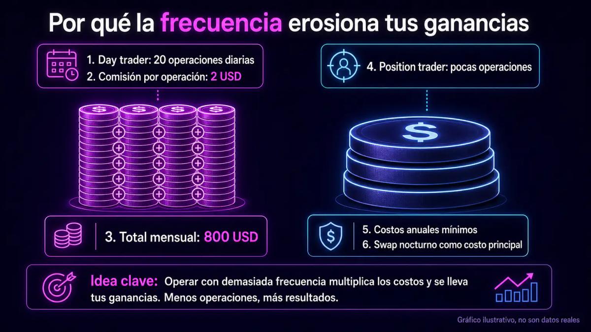 Comparación visual de dos columnas: day trader con 20 operaciones diarias acumulando comisiones versus position trader con po