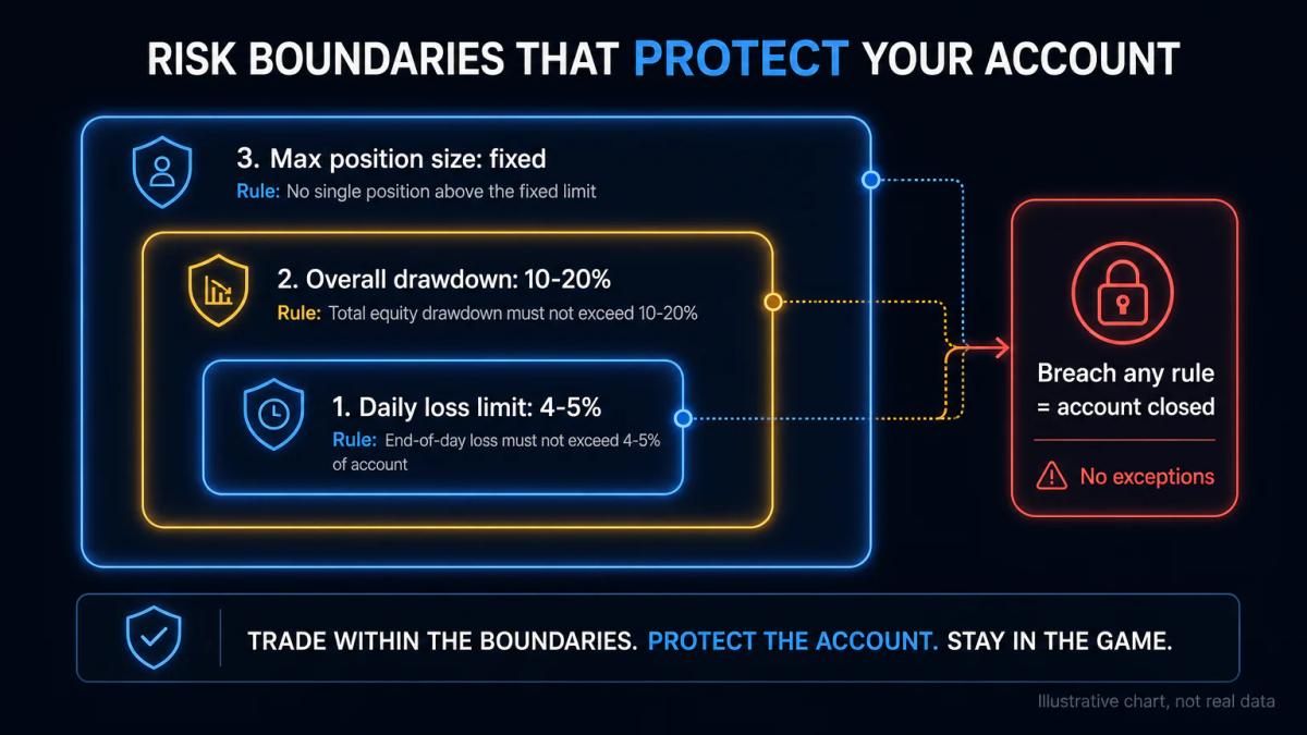 Risk management boundaries showing daily loss limit, drawdown limit, and position size rules