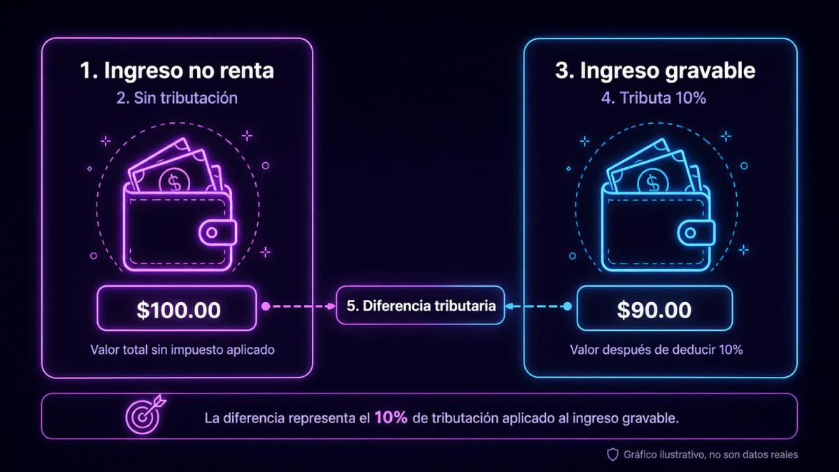 Comparación de dos categorías: ingreso no renta en gris y ingreso gravable en color, mostrando tributación