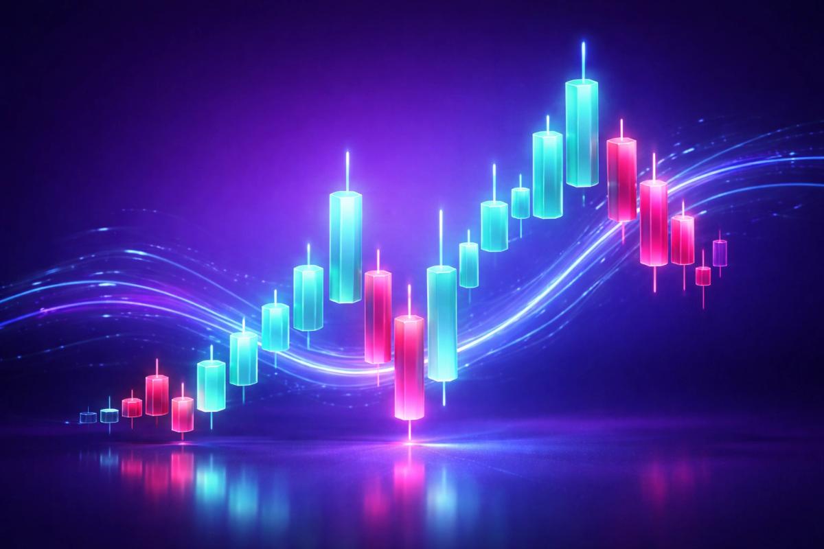 Gráfico de velas japonesas 3D con movimientos amplios en un mercado de alta volatilidad