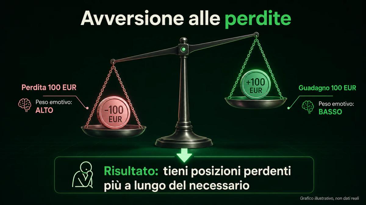 Bilancia asimmetrica che mostra il peso emotivo di una perdita di 100 EUR rispetto al guadagno equivalente