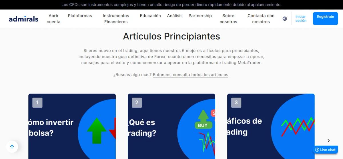 Captura de pantalla de la Academia Admirals con cursos disponibles en español