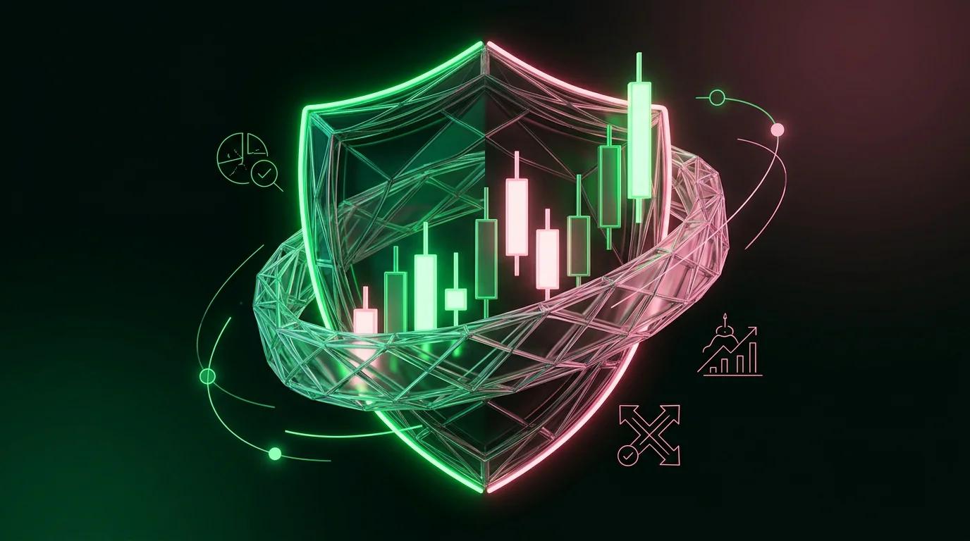 Scudo al neon verde che protegge un grafico a candele, simbolo della gestione del rischio nel trading