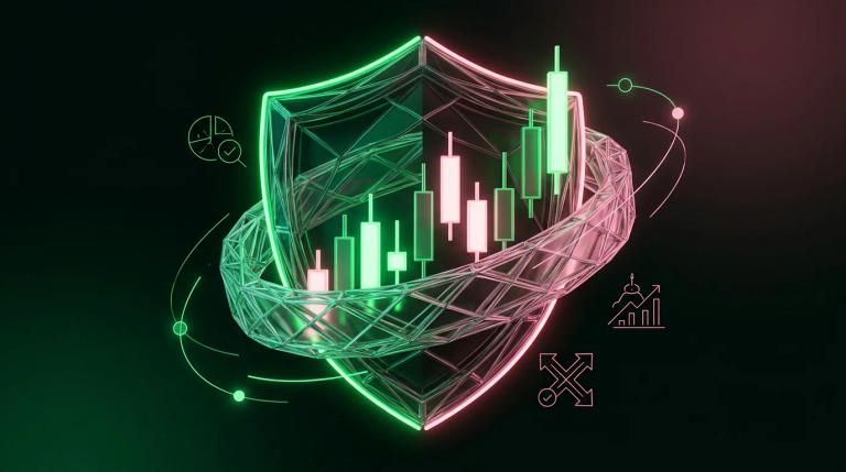 Scudo al neon verde che protegge un grafico a candele, simbolo della gestione del rischio nel trading