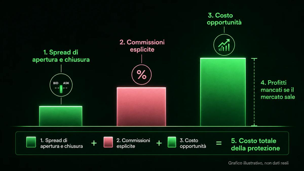 Tabella comparativa dei tre strati di costo dell'hedging: spread, commissioni e opportunità perdute