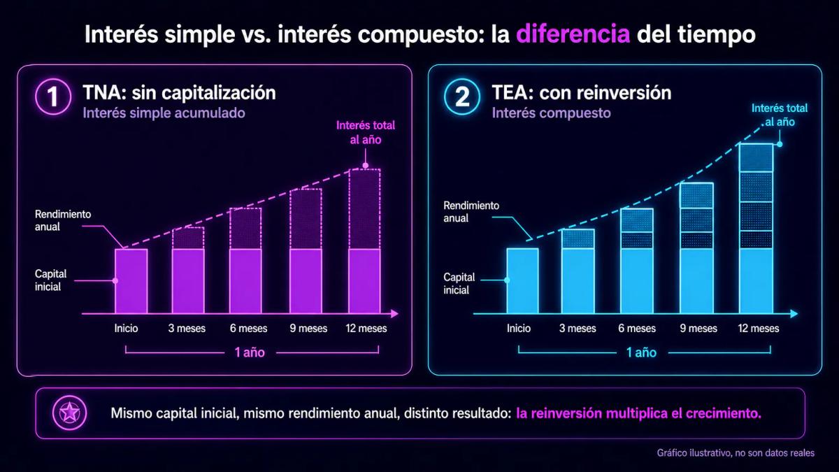 Comparación visual entre TNA y TEA mostrando capitalización de intereses en periodos sucesivos