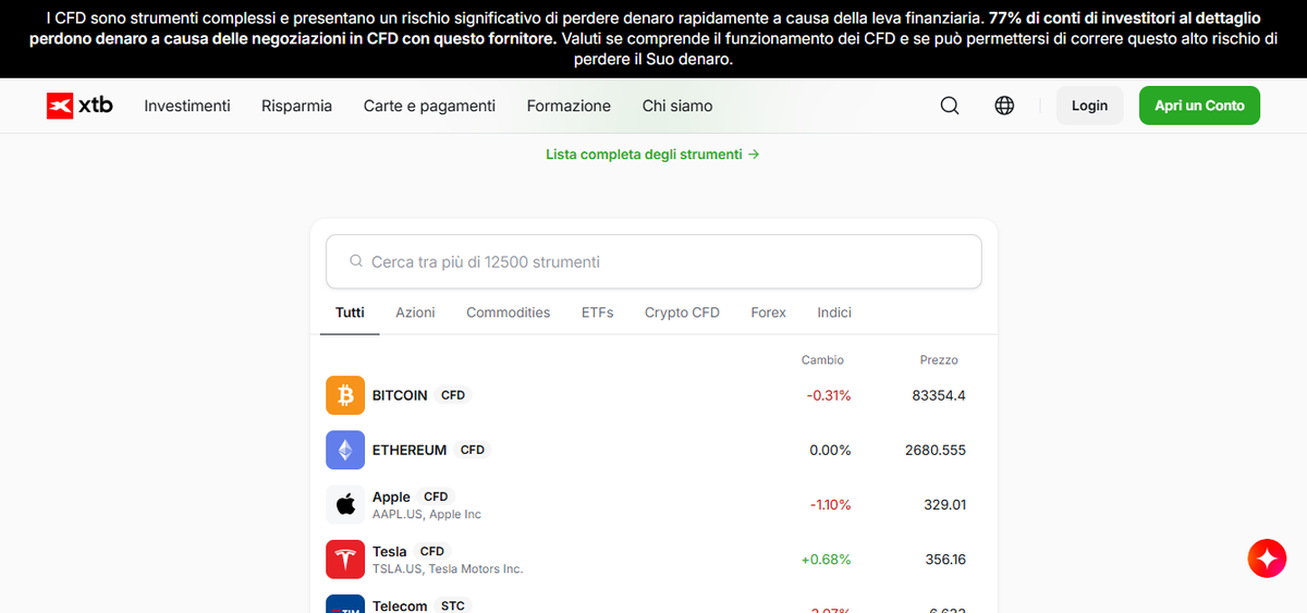 Elenco mercati XTB per l’UE con Forex, Indici, Materie prime, Azioni reali, ETF e Crypto