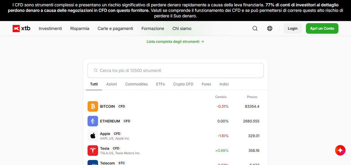 Elenco mercati XTB per l’UE con Forex, Indici, Materie prime, Azioni reali, ETF e Crypto