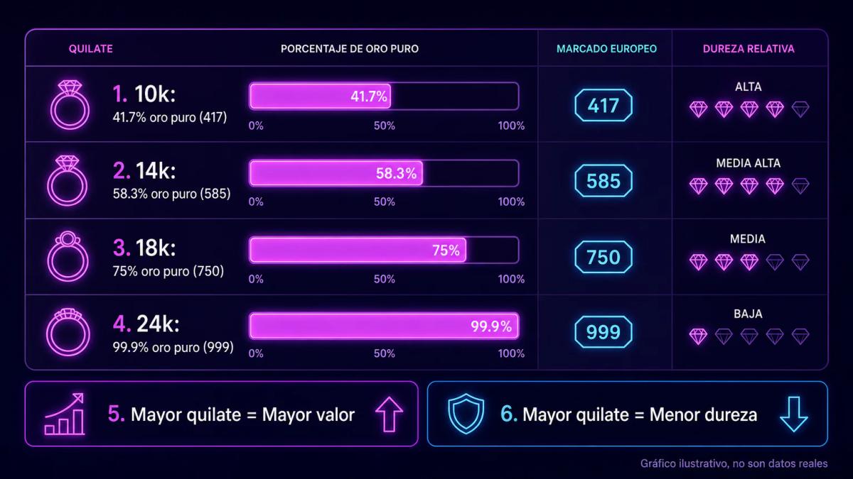 Tabla comparativa de quilates con barras de porcentaje de pureza de oro y marcados europeos