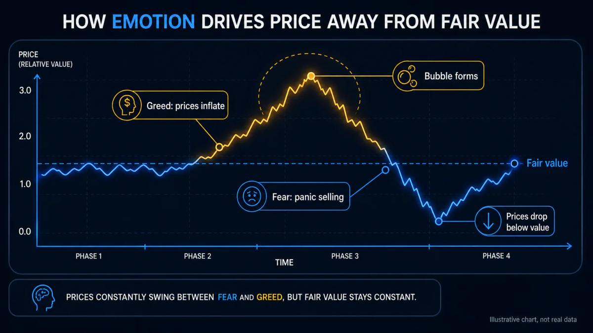 Two opposing emotional forces shaping price: fear pushing prices down below fair value, greed inflating prices above earnings