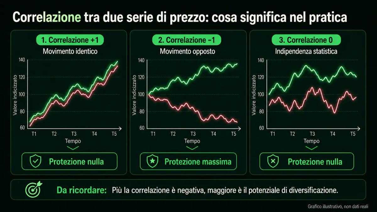 Grafico editoriale che mostra tre coppie di linee di prezzo con correlazioni diverse: positiva, negativa e indipendente
