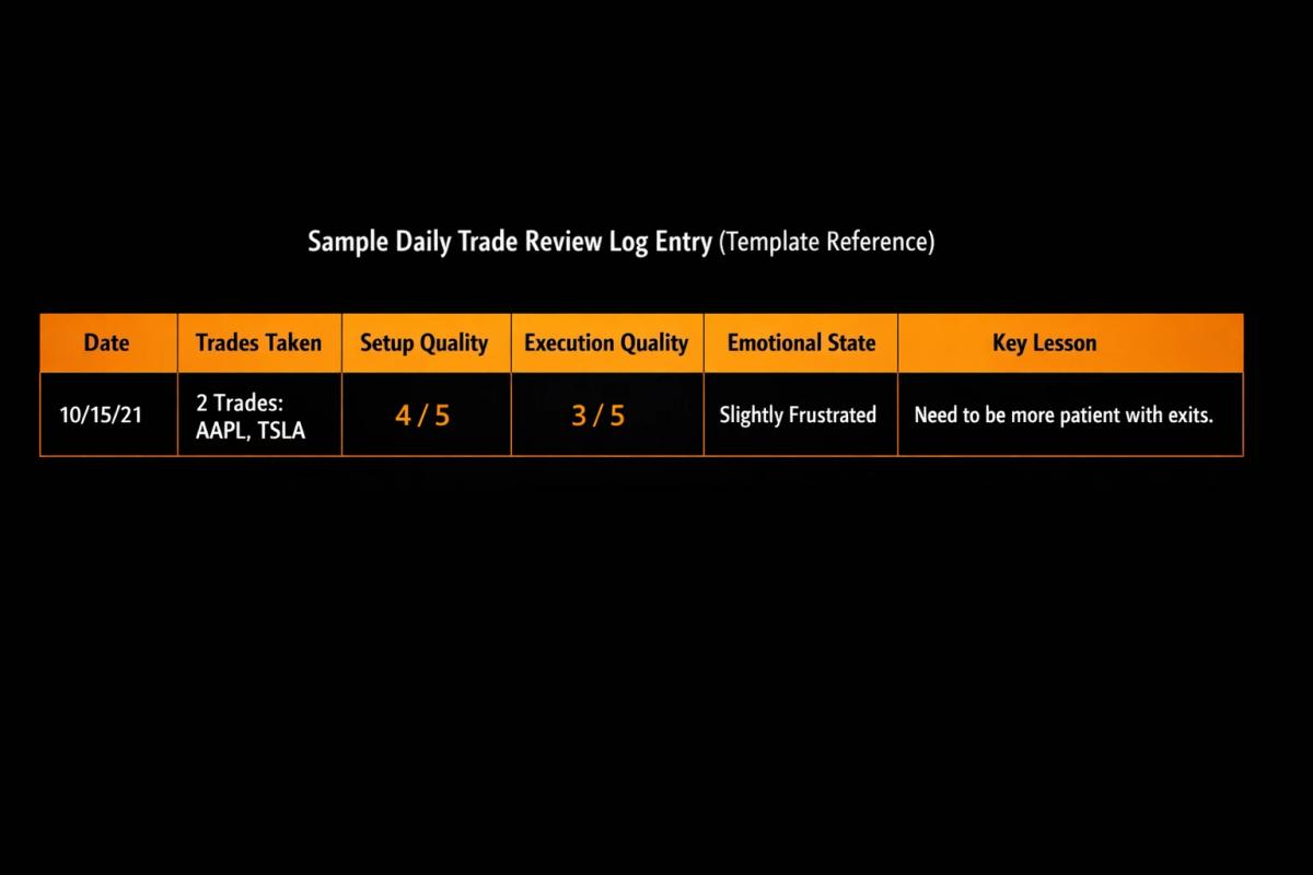 Sample daily trade review log template with fields for date, trades, execution quality, emotional state, key lesson, and next-day focus