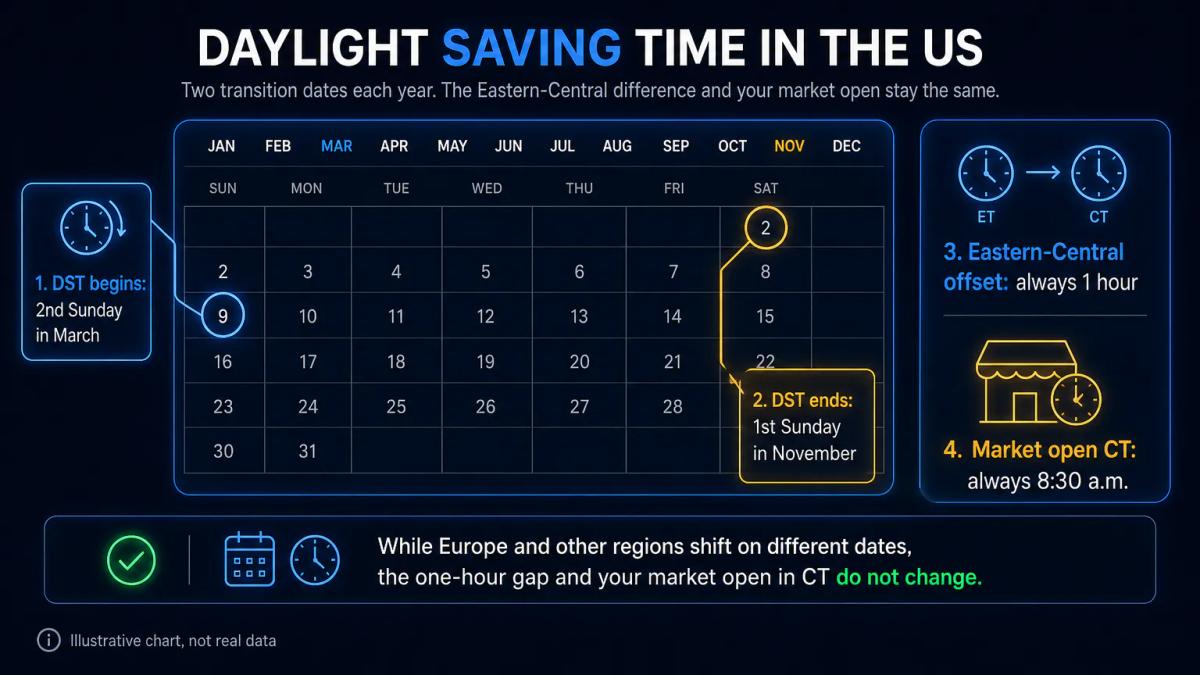 Calendar showing daylight saving time transitions and the consistent one-hour offset between Eastern and Central Time year-ro
