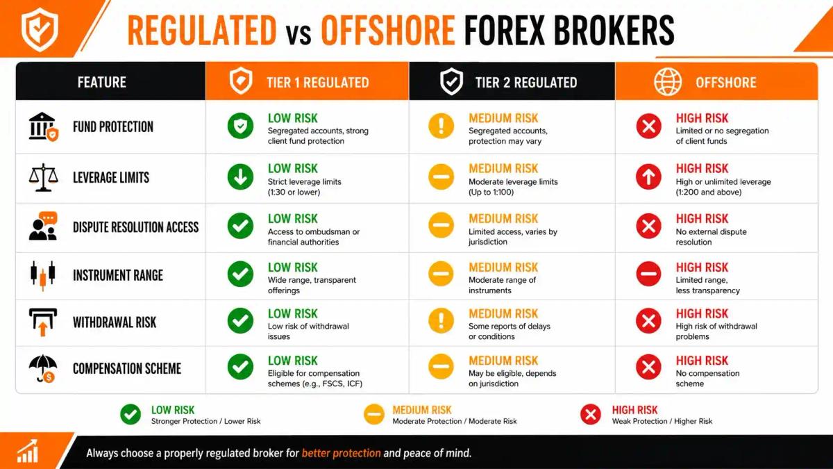 Regulated vs offshore forex broker comparison table covering fund protection leverage and dispute resolution