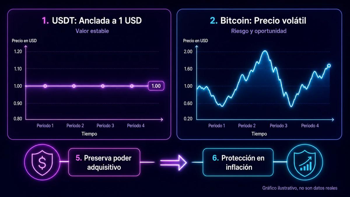 Diagrama de stablecoin USDT anclada a dólar estadounidense versus Bitcoin volátil